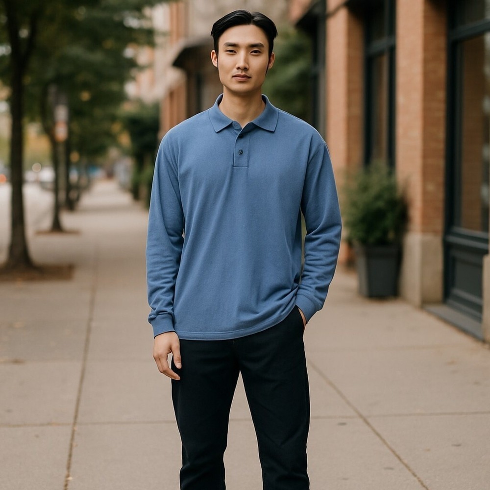 Cutter & Buck Polo Shirt Men's Large Blue Cotton Embroidered Logo Long Sleeve